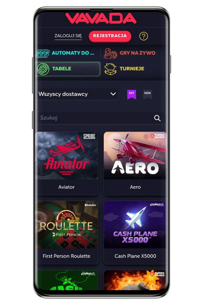 Zrzuty ekranu z oficjalnej strony internetowej kasyna Vavada